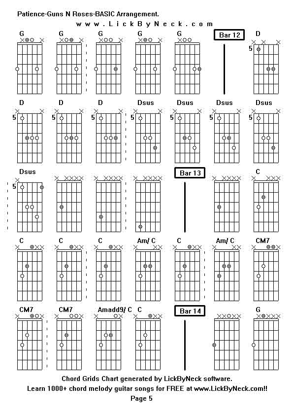 Chord Grids Chart of chord melody fingerstyle guitar song-Patience-Guns N Roses-BASIC Arrangement,generated by LickByNeck software.